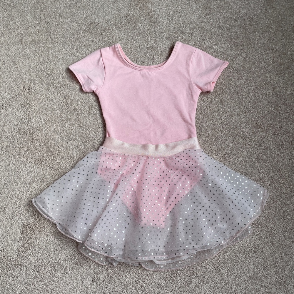 Dance leotard pink sheer sparkly skirt kids size 6
